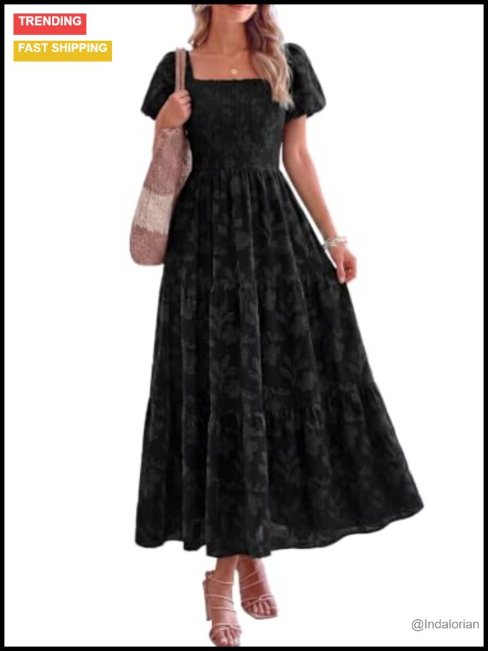 Women's Floral Boho Maxi Dress Smocked Square Neck Puff Sleeve